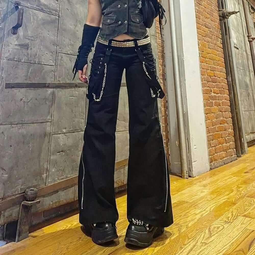 Gothic Lace Up Chain Pants - Y2K Grunge, 90s Fashion, Retro Style, Y2K Club & Party Outfits