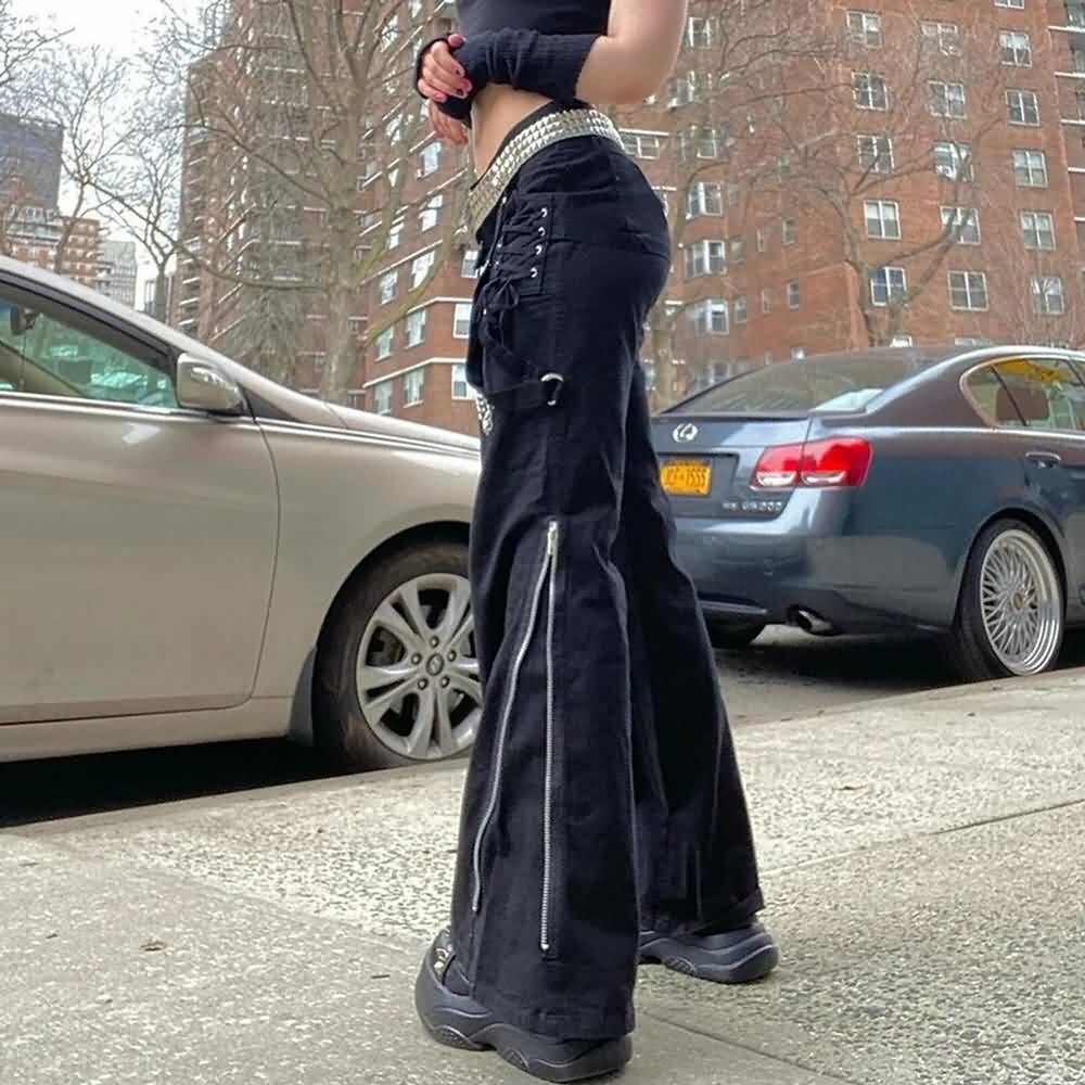 Gothic Lace Up Chain Pants - Y2K Grunge, 90s Fashion, Retro Style, Y2K Club & Party Outfits