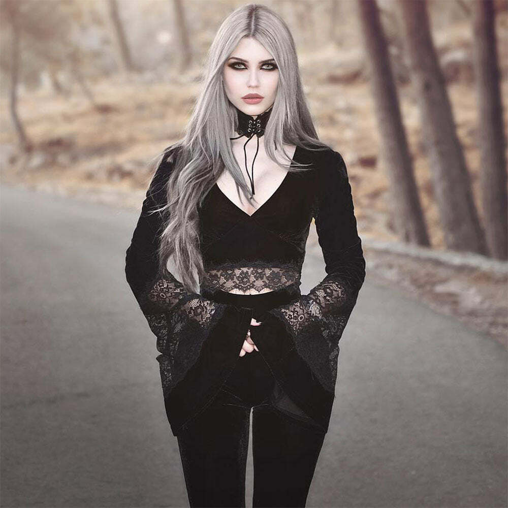 Gothic Lace Velvet Top - Y2K Grunge, 90s Fashion, Retro Style, Pastel Goth, Y2K Party Outfit