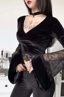 Gothic Lace Velvet Top - Y2K Grunge, 90s Fashion, Retro Style, Pastel Goth, Y2K Party Outfit
