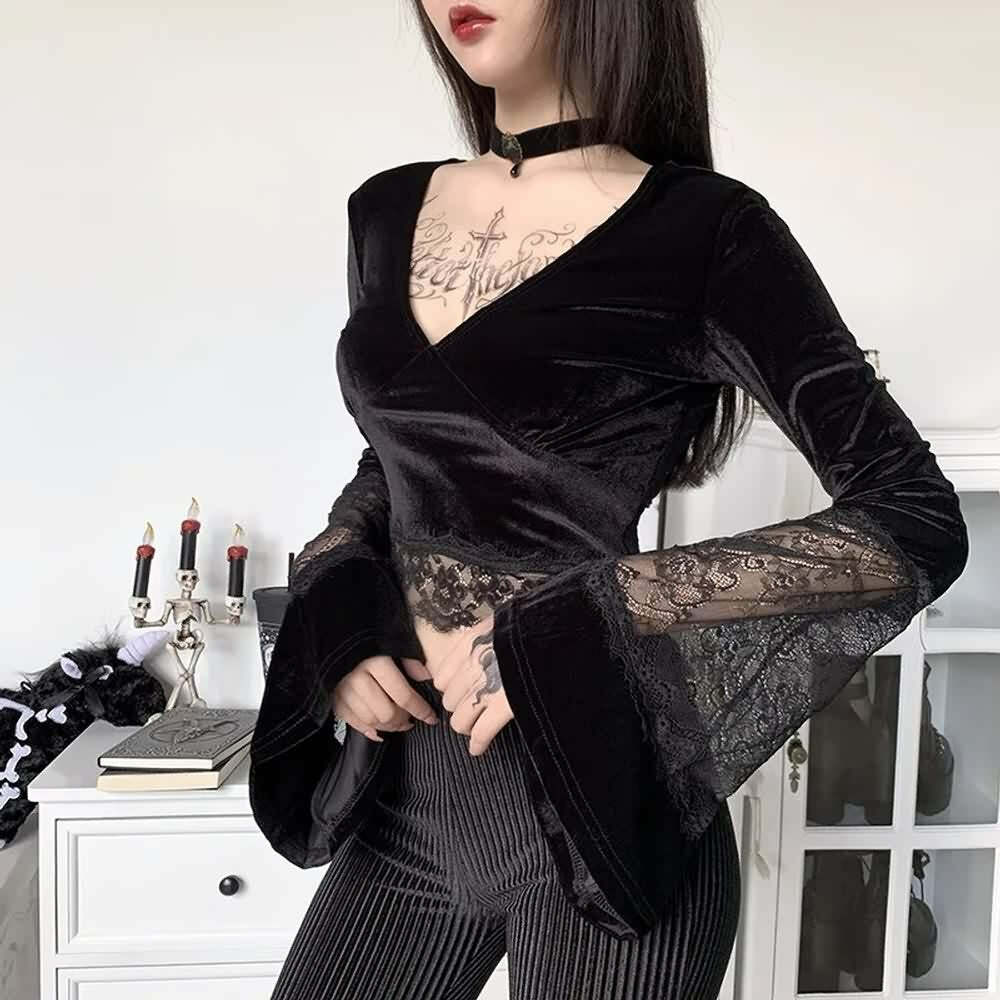 Gothic Lace Velvet Top - Y2K Grunge, 90s Fashion, Retro Style, Pastel Goth, Y2K Party Outfit