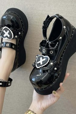 Gothic Lolita Heart Shoes - Black White Y2K Grunge 90s Retro Fashion for Women