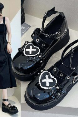 Gothic Lolita Heart Shoes - Black White Y2K Grunge 90s Retro Fashion for Women
