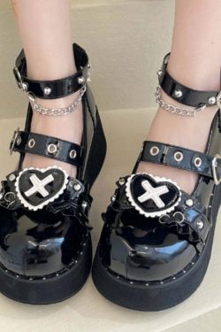 Gothic Lolita Heart Shoes - Black White Y2K Grunge 90s Retro Fashion for Women