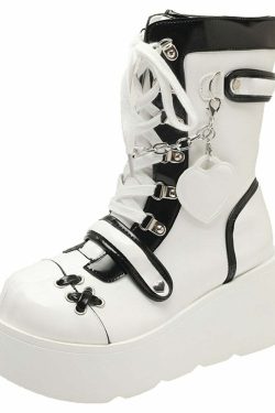 Gothic Lolita Mid-Calf Motorcycle Boots - Y2K Grunge, 90s Fashion, Retro Style, Dark Y2K V