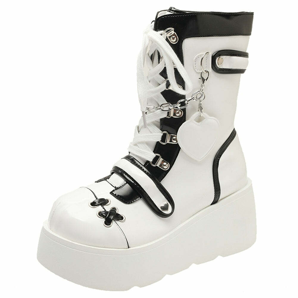Gothic Lolita Mid-Calf Motorcycle Boots - Y2K Grunge, 90s Fashion, Retro Style, Dark Y2K V
