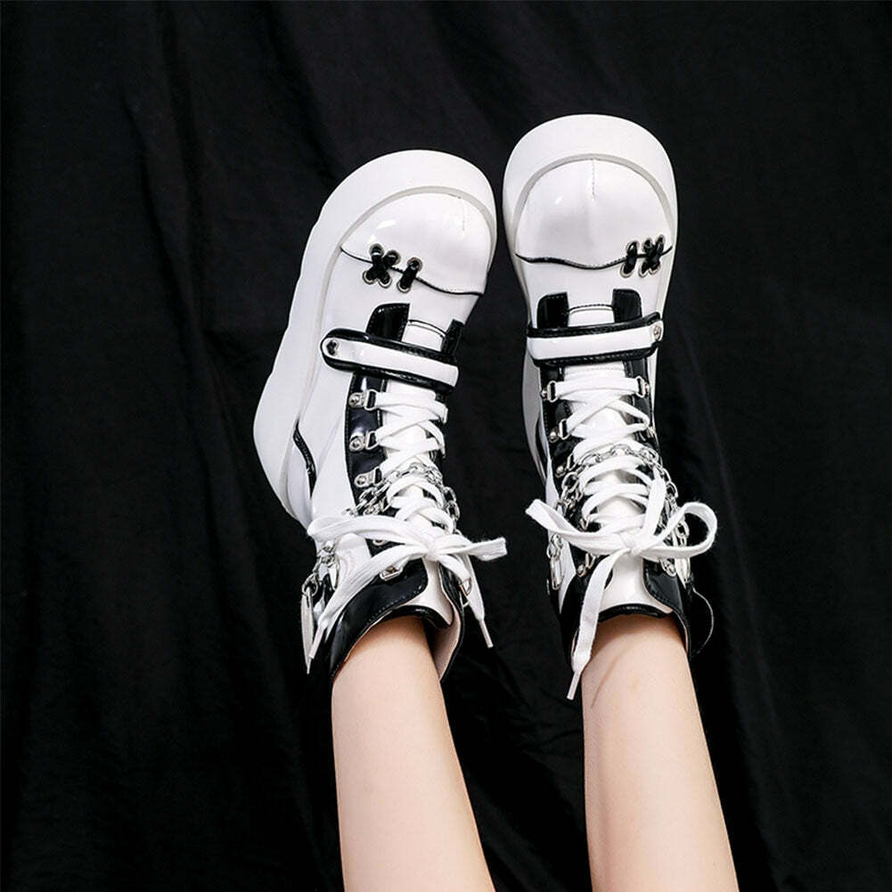 Gothic Lolita Mid-Calf Motorcycle Boots - Y2K Grunge, 90s Fashion, Retro Style, Dark Y2K V