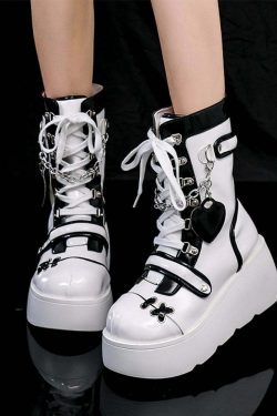 Gothic Lolita Mid-Calf Motorcycle Boots - Y2K Grunge, 90s Fashion, Retro Style, Dark Y2K V