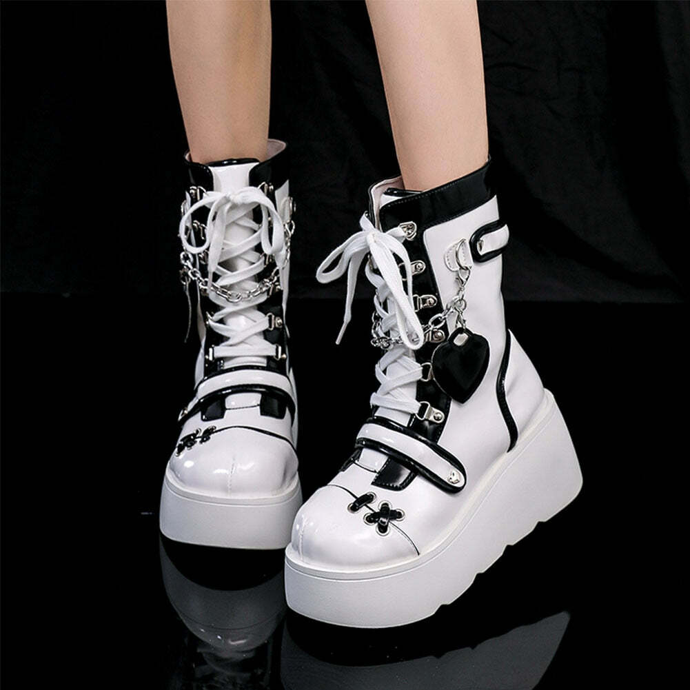 Gothic Lolita Mid-Calf Motorcycle Boots - Y2K Grunge, 90s Fashion, Retro Style, Dark Y2K V