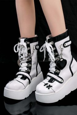 Gothic Lolita Mid-Calf Motorcycle Boots - Y2K Grunge, 90s Fashion, Retro Style, Dark Y2K V