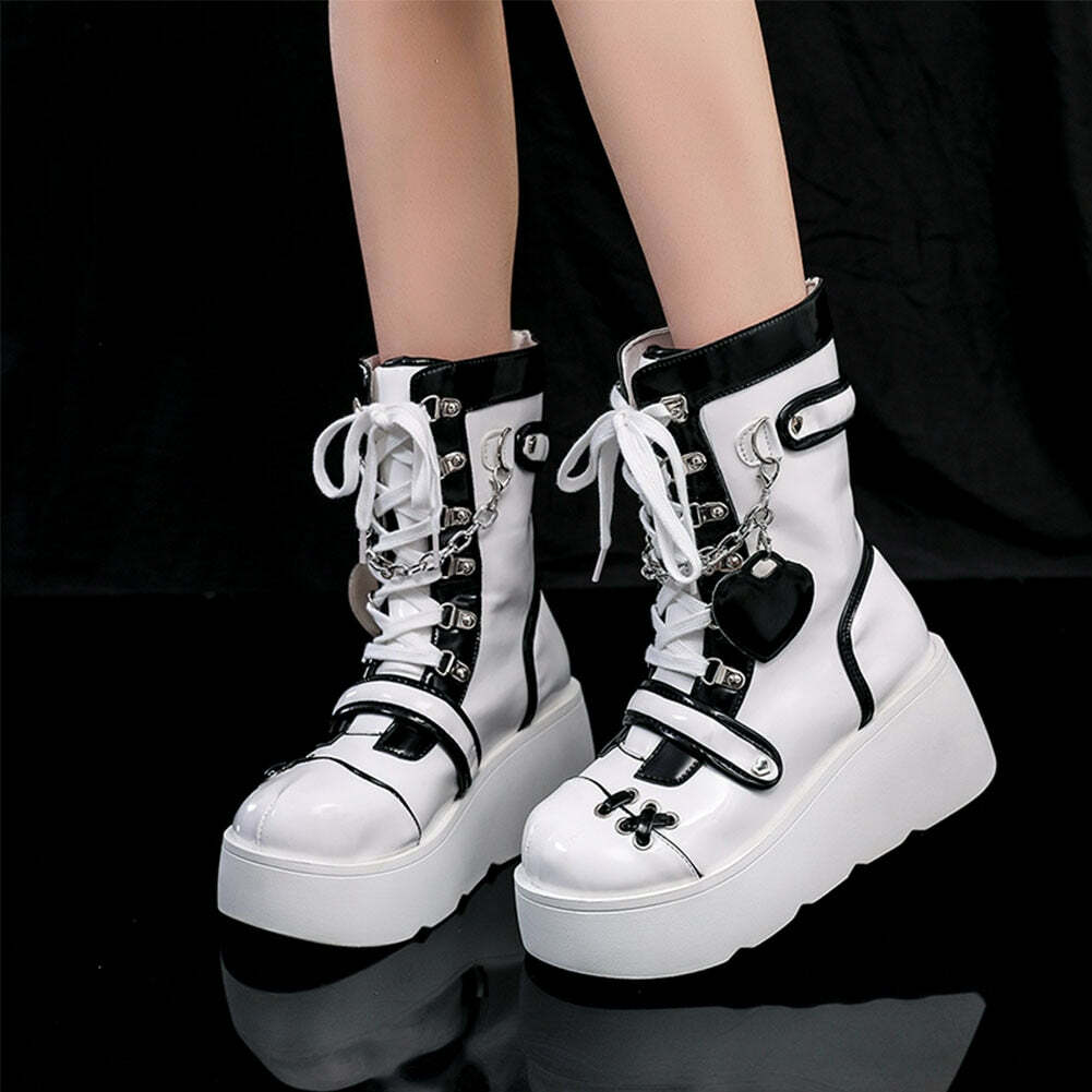Gothic Lolita Mid-Calf Motorcycle Boots - Y2K Grunge, 90s Fashion, Retro Style, Dark Y2K V