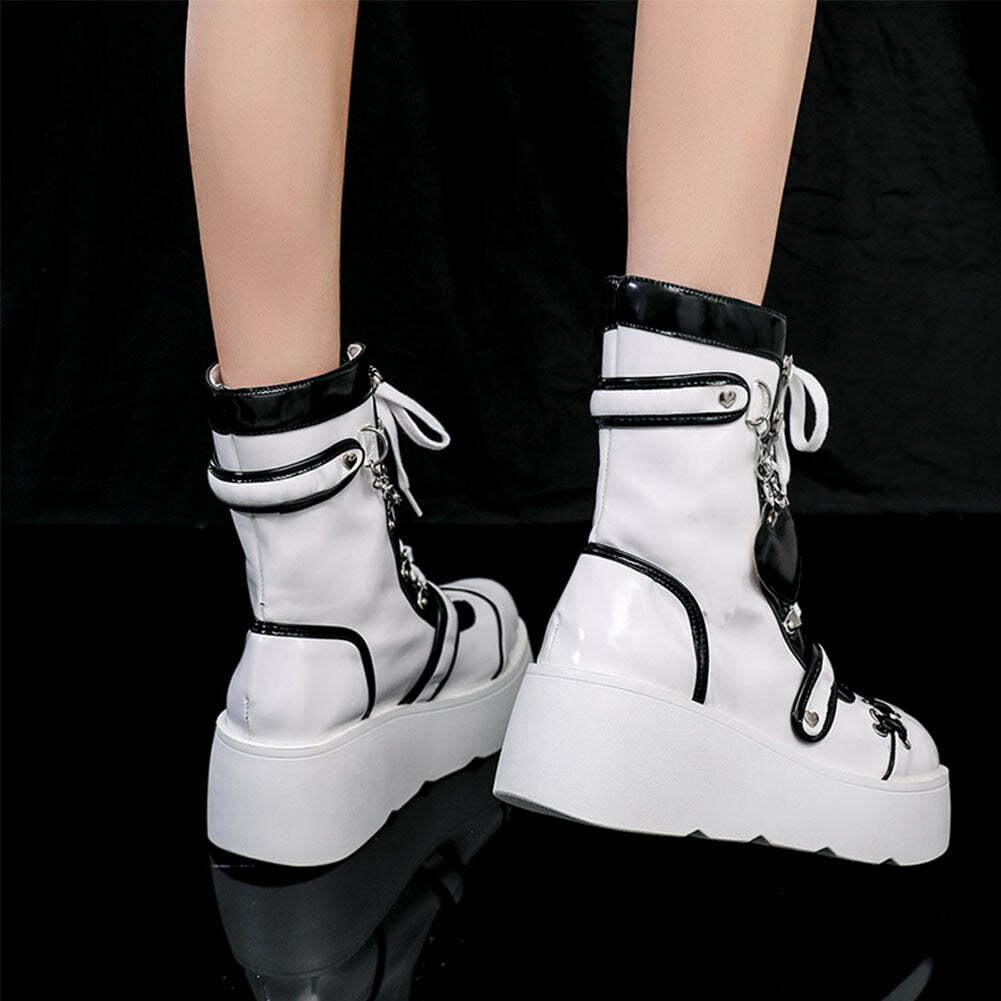 Gothic Lolita Mid-Calf Motorcycle Boots - Y2K Grunge, 90s Fashion, Retro Style, Dark Y2K V