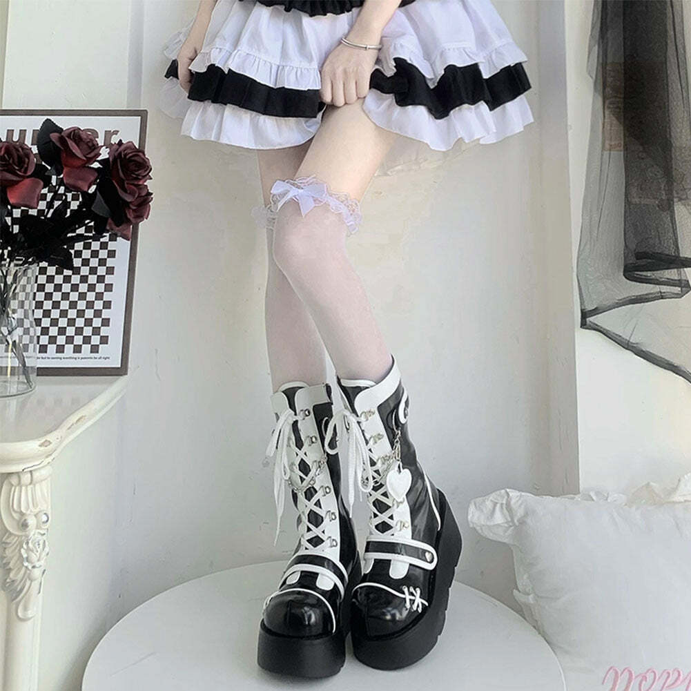 Gothic Lolita Mid-Calf Motorcycle Boots - Y2K Grunge, 90s Retro, Pastel Goth, Y2K Fashion
