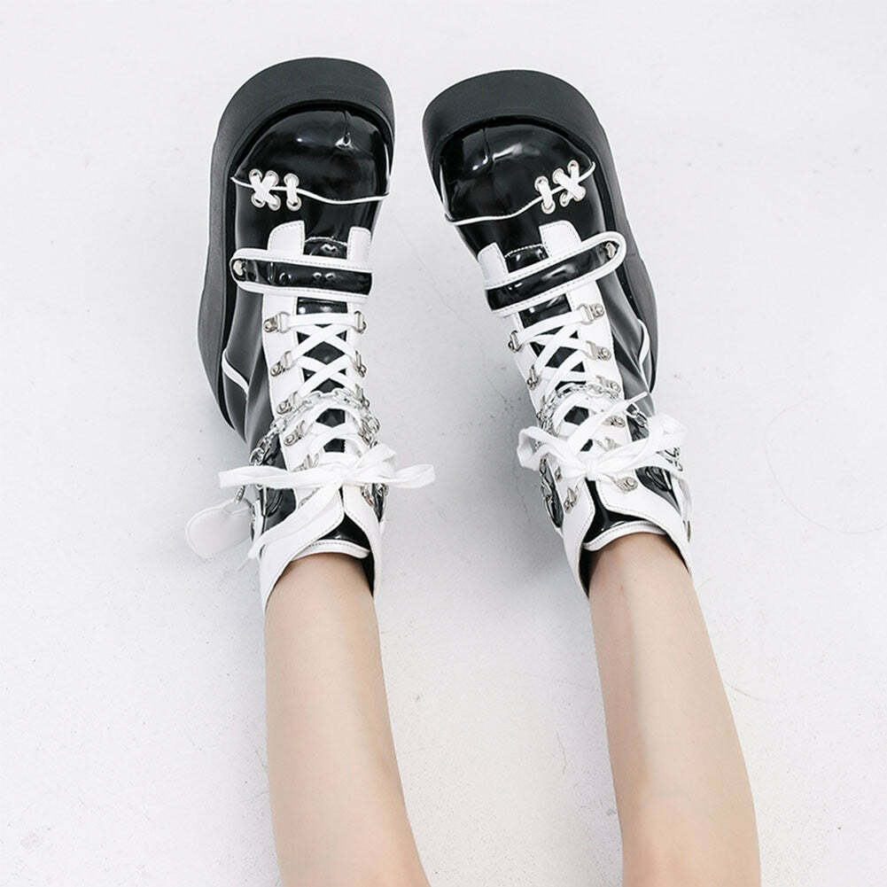 Gothic Lolita Mid-Calf Motorcycle Boots - Y2K Grunge, 90s Retro, Pastel Goth, Y2K Fashion