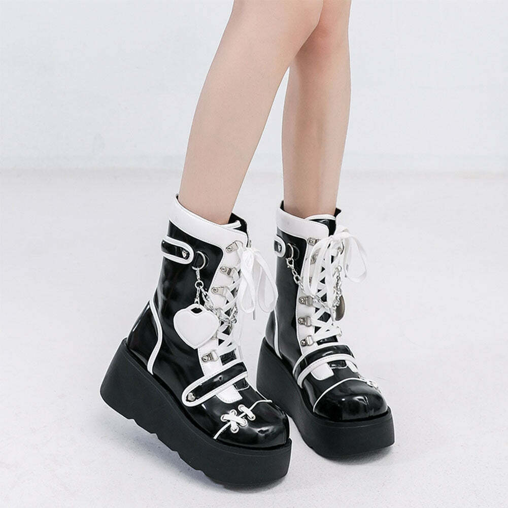 Gothic Lolita Mid-Calf Motorcycle Boots - Y2K Grunge, 90s Retro, Pastel Goth, Y2K Fashion