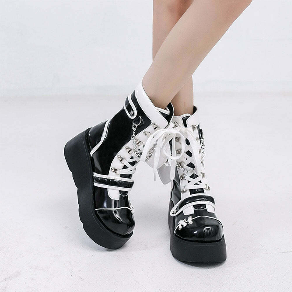Gothic Lolita Mid-Calf Motorcycle Boots - Y2K Grunge, 90s Retro, Pastel Goth, Y2K Fashion