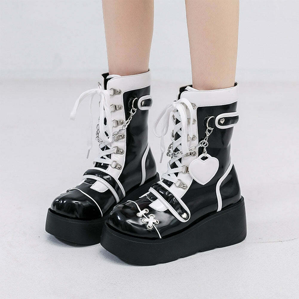 Gothic Lolita Mid-Calf Motorcycle Boots - Y2K Grunge, 90s Retro, Pastel Goth, Y2K Fashion