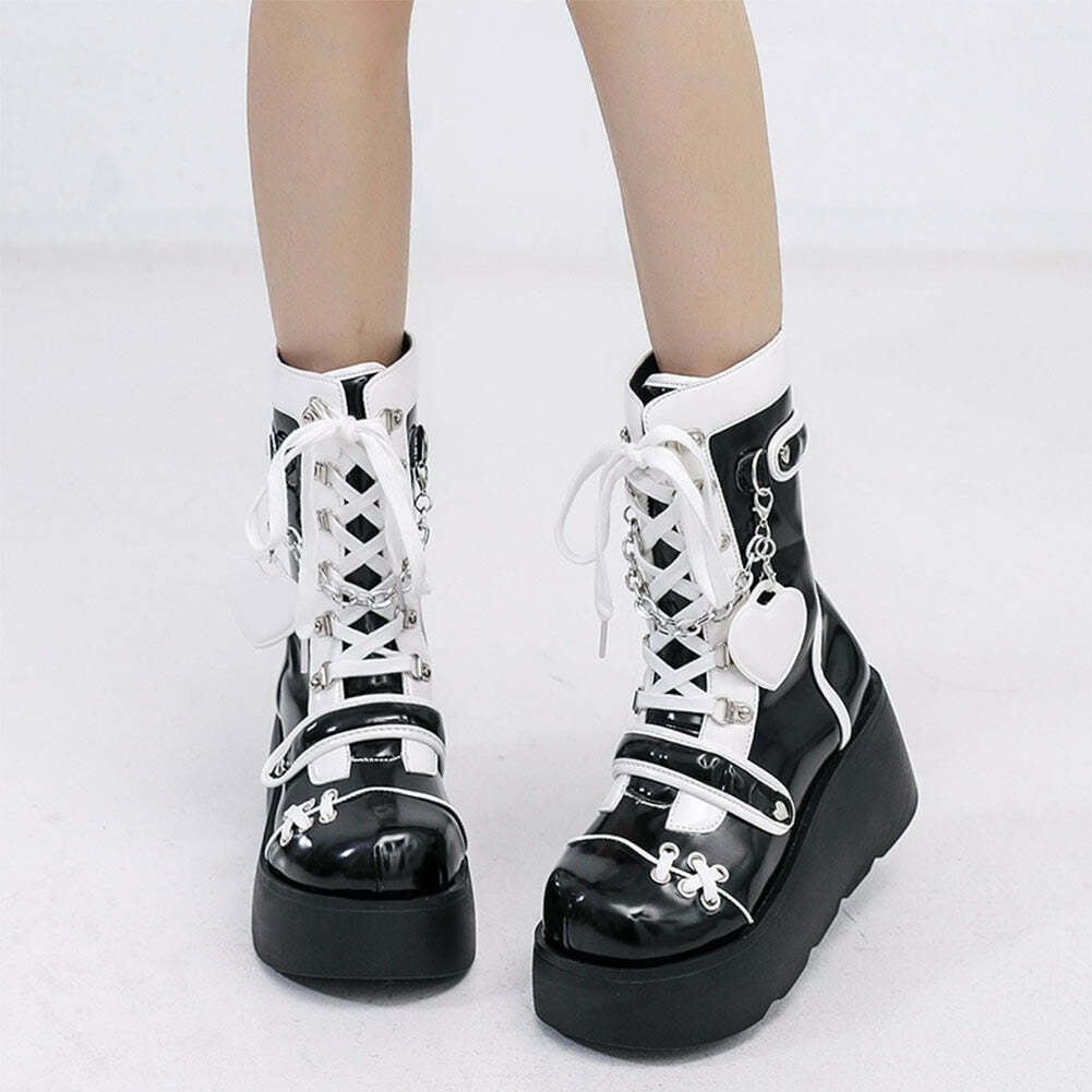 Gothic Lolita Mid-Calf Motorcycle Boots - Y2K Grunge, 90s Retro, Pastel Goth, Y2K Fashion