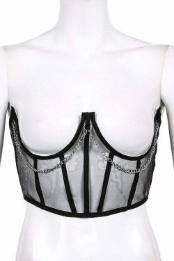 Gothic Mesh Corset with Chains - Black | Y2K Grunge, 90s Fashion, Retro Style, Y2K Party Outfit