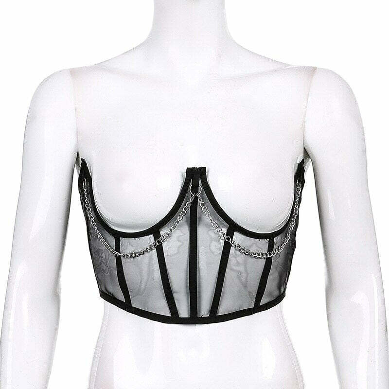 Gothic Mesh Corset with Chains - Black | Y2K Grunge, 90s Fashion, Retro Style, Y2K Party Outfit