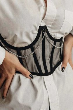 Gothic Mesh Corset with Chains - Black | Y2K Grunge, 90s Fashion, Retro Style, Y2K Party Outfit
