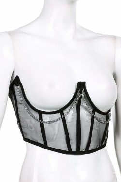 Gothic Mesh Corset with Chains - Black | Y2K Grunge, 90s Fashion, Retro Style, Y2K Party Outfit