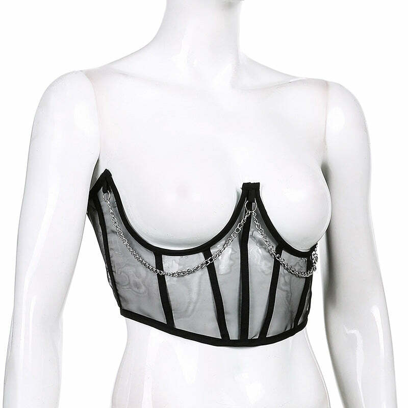 Gothic Mesh Corset with Chains - Black | Y2K Grunge, 90s Fashion, Retro Style, Y2K Party Outfit