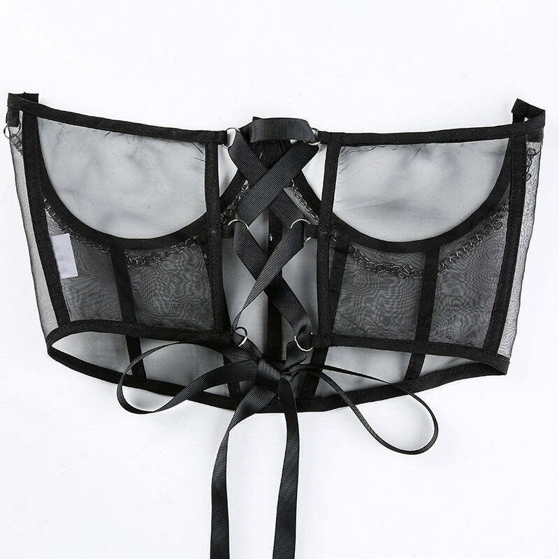 Gothic Mesh Corset with Chains - Black | Y2K Grunge, 90s Fashion, Retro Style, Y2K Party Outfit