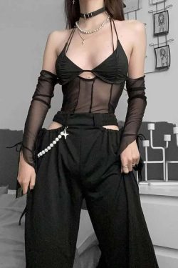 Gothic Mesh Halter Cold Shoulder Crop Top - Y2K Grunge, 90s Fashion, Retro Summer Outfit