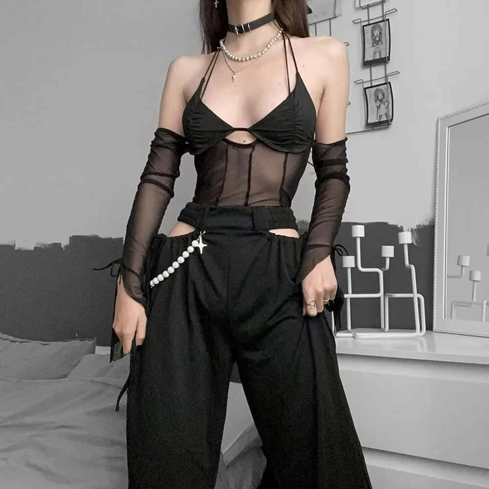 Gothic Mesh Halter Cold Shoulder Crop Top - Y2K Grunge, 90s Fashion, Retro Summer Outfit