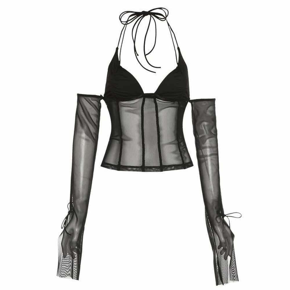 Gothic Mesh Halter Cold Shoulder Crop Top - Y2K Grunge, 90s Fashion, Retro Summer Outfit