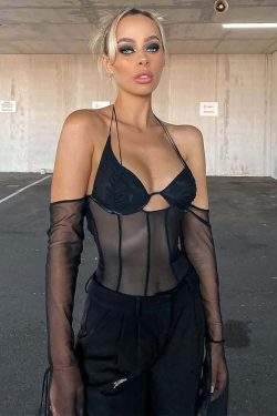 Gothic Mesh Halter Cold Shoulder Crop Top - Y2K Grunge, 90s Fashion, Retro Summer Outfit