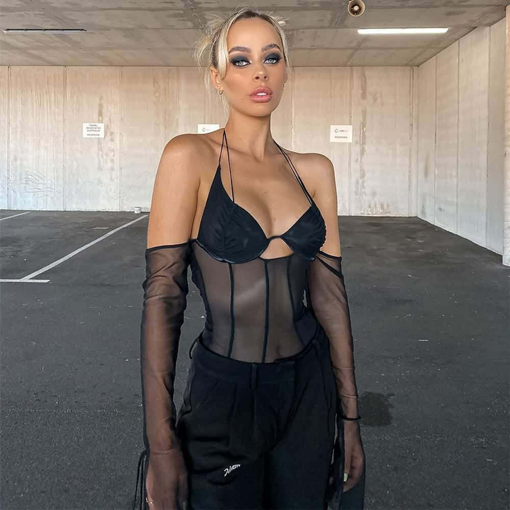 Gothic Mesh Halter Cold Shoulder Crop Top - Y2K Grunge, 90s Fashion, Retro Summer Outfit