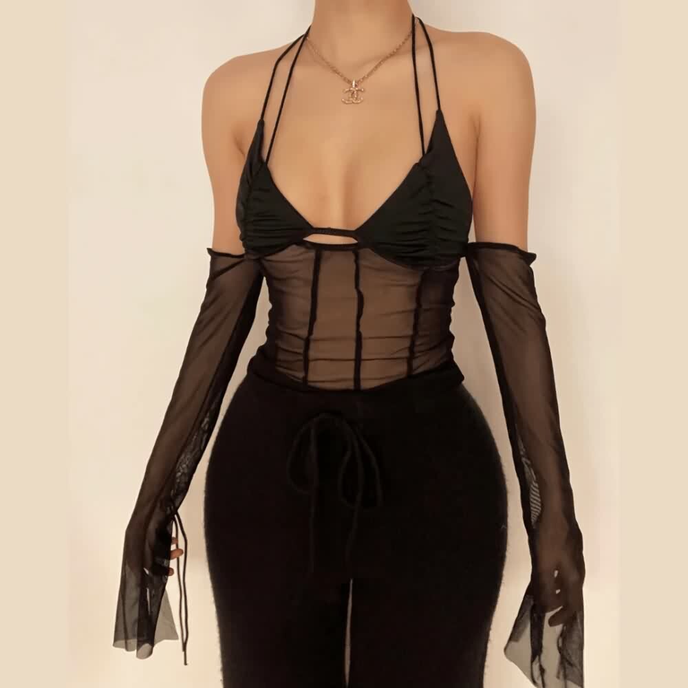Gothic Mesh Halter Cold Shoulder Crop Top - Y2K Grunge, 90s Fashion, Retro Summer Outfit