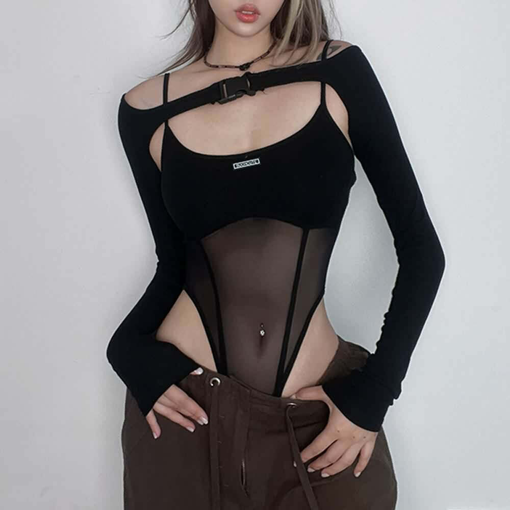 Gothic Mesh High Cut Bodysuit & Shrug Top - Y2K Grunge, 90s Fashion, Retro Summer Outfit