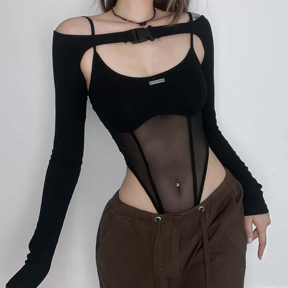Gothic Mesh High Cut Bodysuit & Shrug Top - Y2K Grunge, 90s Fashion, Retro Summer Outfit