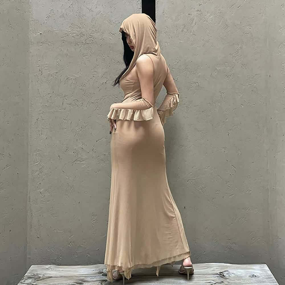 Gothic Mesh Hooded Slit Dress with Gloves - Y2K Grunge, 90s Fashion, Retro Summer Outfit