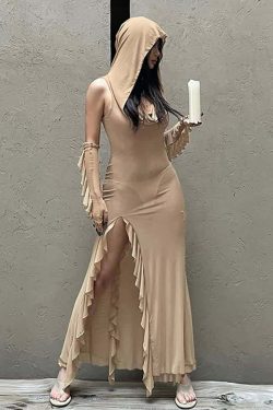 Gothic Mesh Hooded Slit Dress with Gloves - Y2K Grunge, 90s Fashion, Retro Summer Outfit