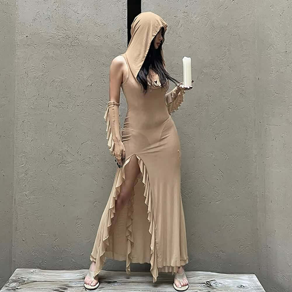 Gothic Mesh Hooded Slit Dress with Gloves - Y2K Grunge, 90s Fashion, Retro Summer Outfit