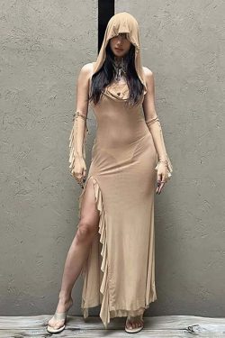 Gothic Mesh Hooded Slit Dress with Gloves - Y2K Grunge, 90s Fashion, Retro Summer Outfit