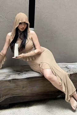 Gothic Mesh Hooded Slit Dress with Gloves - Y2K Grunge, 90s Fashion, Retro Summer Outfit
