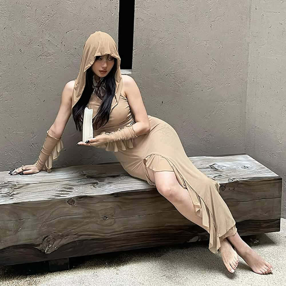 Gothic Mesh Hooded Slit Dress with Gloves - Y2K Grunge, 90s Fashion, Retro Summer Outfit