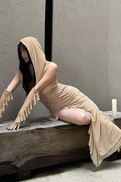 Gothic Mesh Hooded Slit Dress with Gloves - Y2K Grunge, 90s Fashion, Retro Summer Outfit
