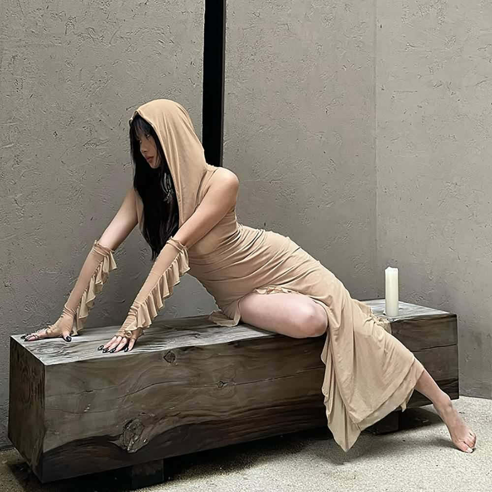 Gothic Mesh Hooded Slit Dress with Gloves - Y2K Grunge, 90s Fashion, Retro Summer Outfit