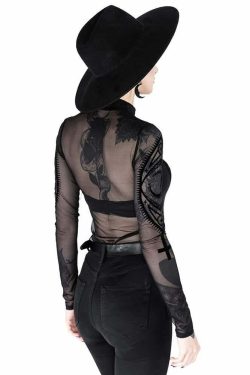 Gothic Mesh Long Sleeve Bodysuit - Y2K Grunge, 90s Fashion, Retro Style, Y2K Party Outfit