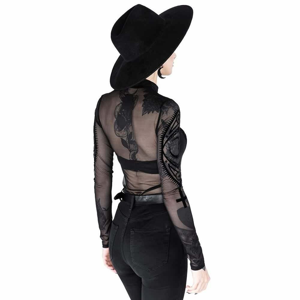 Gothic Mesh Long Sleeve Bodysuit - Y2K Grunge, 90s Fashion, Retro Style, Y2K Party Outfit