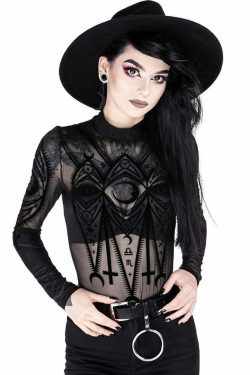 Gothic Mesh Long Sleeve Bodysuit - Y2K Grunge, 90s Fashion, Retro Style, Y2K Party Outfit