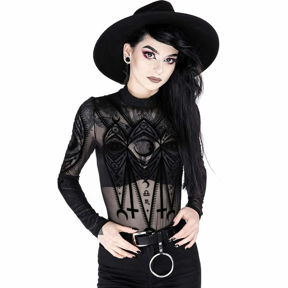 Gothic Mesh Long Sleeve Bodysuit - Y2K Grunge, 90s Fashion, Retro Style, Y2K Party Outfit