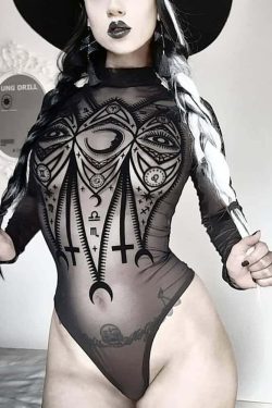 Gothic Mesh Long Sleeve Bodysuit - Y2K Grunge, 90s Fashion, Retro Style, Y2K Party Outfit