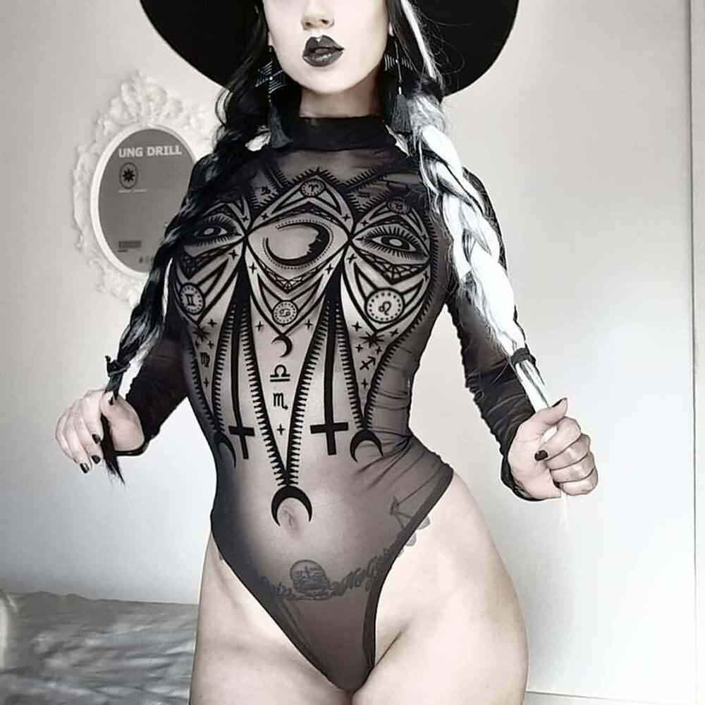 Gothic Mesh Long Sleeve Bodysuit - Y2K Grunge, 90s Fashion, Retro Style, Y2K Party Outfit